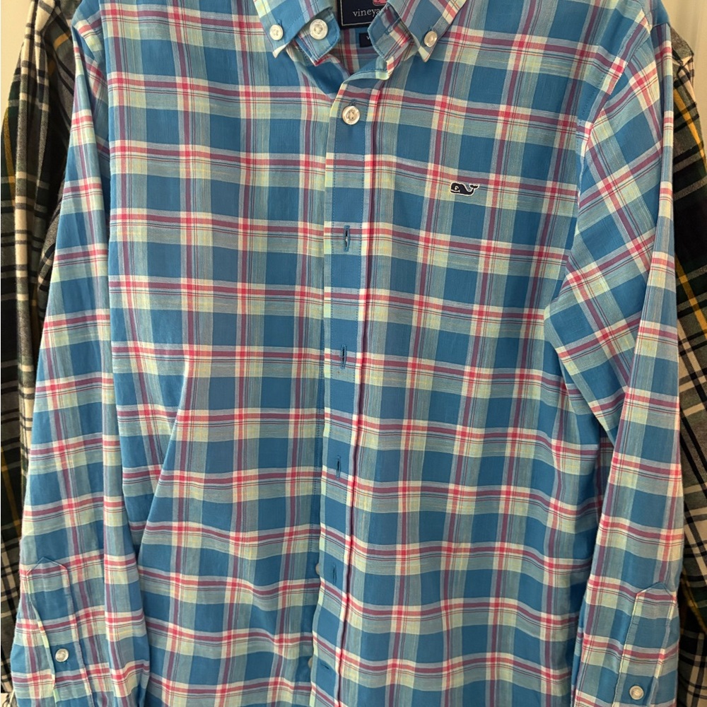 Vineyard Vines, YOUTH M (12-14), EUC Blue and Pink Plaid Shirt